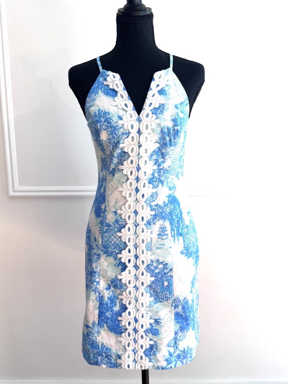 Lilly Pulitzer Pearl Shift Dress Size 0 Toile Me About It Lace Trim Blue